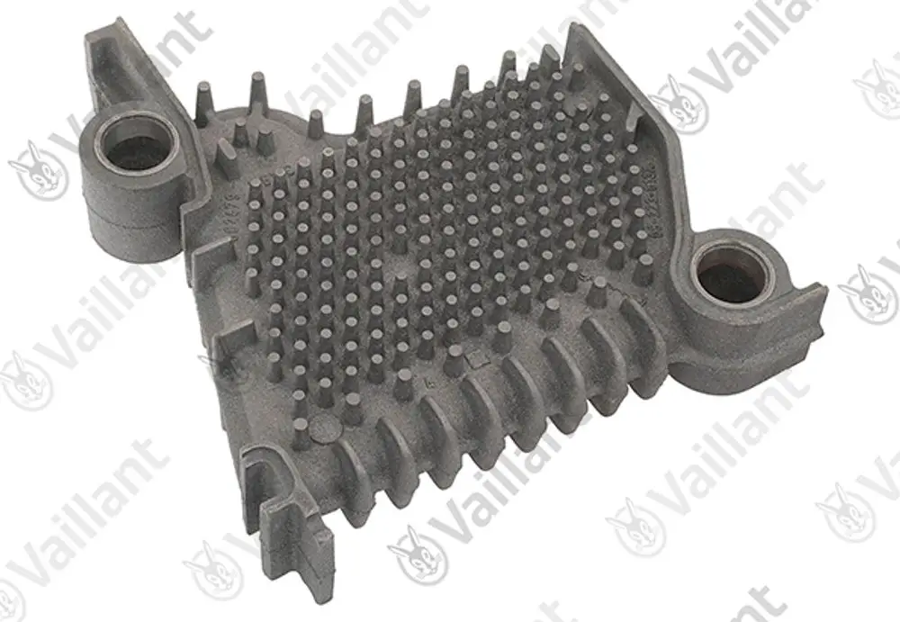 Vaillant Kesselglied aus grau gefärbtem Material mit erhöhter Oberflächenstruktur und mehreren Anschlüssen.